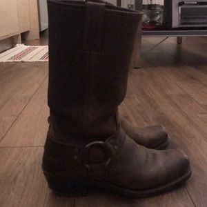 Dark brown leather Frye harness boots